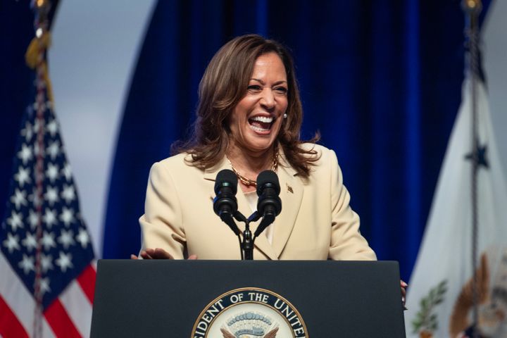 Vice President Kamala Harris speaks to the Zeta Phi Beta Sorority Grand Boule at the Indiana Convention Center on July 24 in Indianapolis, Indiana.