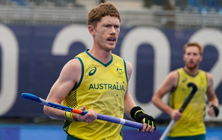 FILE - Australia's Matthew Dawson runs the pitch during a men's field hockey match at the Summer Olympics in 2021.