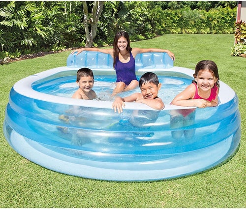 The Intex inflatable lounge pool sports a built-in bench and backrest.