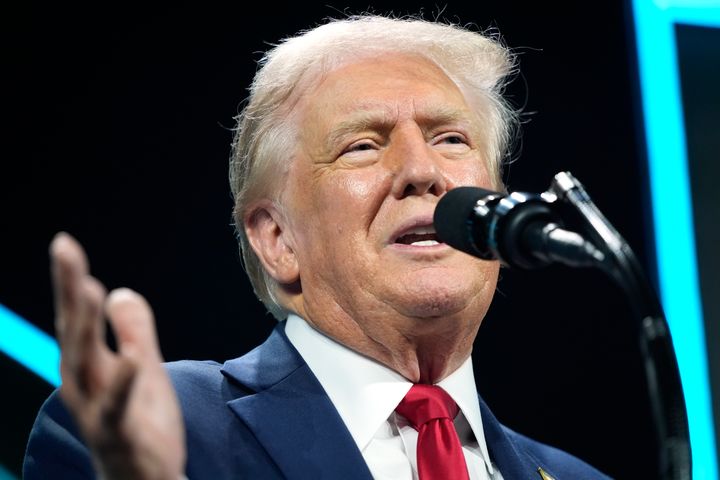 Republican presidential candidate former President Donald Trump speaks at the Turning Point Believers' Summit, Friday, July 26, 2024, in West Palm Beach, Florida.