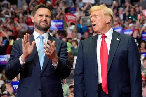 Republican presidential candidate former President Donald Trump and Republican vice presidential candidate Sen. JD Vance, R-Ohio, arrive at a campaign rally, Saturday, July 20, 2024, in Grand Rapids, Mich. (AP Photo/Evan Vucci)