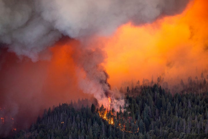 Embers spark a spot fire as the Park Fire burns below Highway 32 near Lomo in Butte County, California, Friday, July 26, 2024.