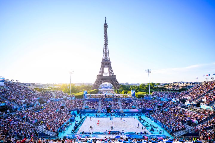 The Eiffel Tower Stadium, where beach volleyball is being hosted.