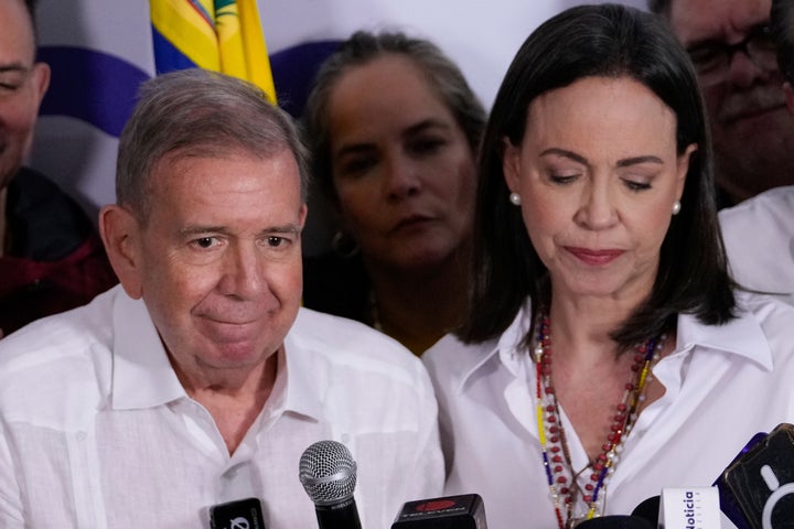 Opposition leader Maria Corina Machado alongside candidate Edmundo Gonzalez during press conference.
