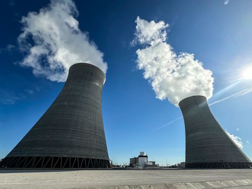 Cooling towers four, left, and three are seen at the nuclear reactor facility at the Alvin W. Vogtle Electric Generating Plant on May 31 in Waynesboro, Georgia, where the U.S. this year completed work on its only two new reactors built from scratch in decades.