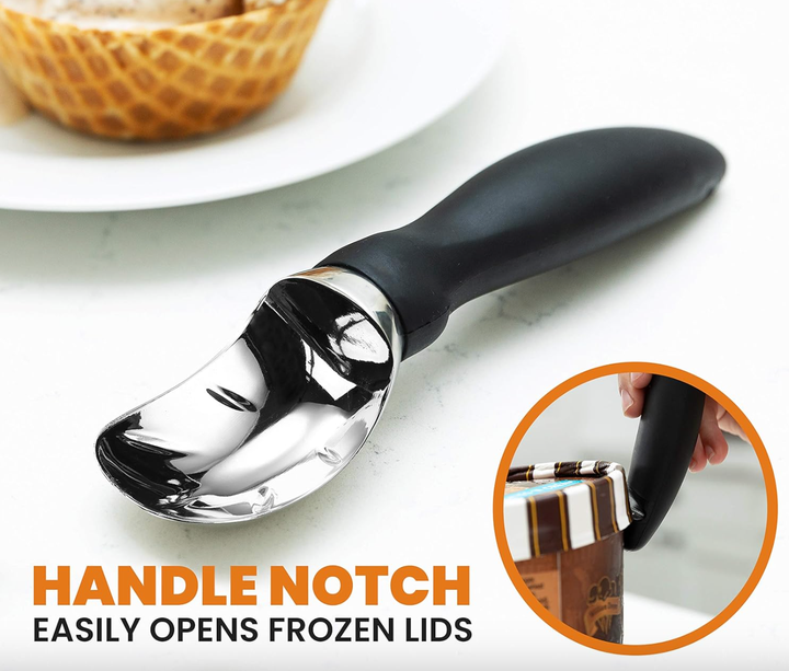 The Spring Chef ice cream scooper sports a notch on its handle to help open tight, frozen lids.