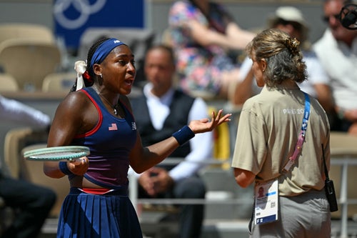 Coco Gauff argues her case during a third round match at the Paris Olympics.