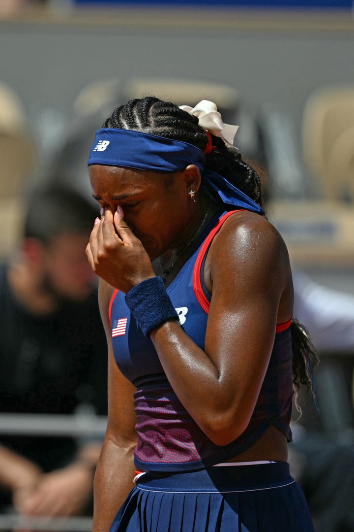 US' Coco Gauff reacts after a call goes against her at the Paris Olympics.