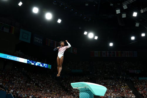 Simone Biles competes on the vault during the Artistic Gymnastics Women's Team Final at the Olympic Games in Paris.