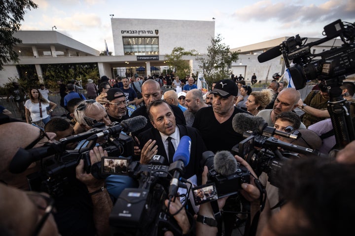 Far-right groups protest in Kfar Yona on July 30, 2024, as the Israeli military court heard the case of nine soldiers detained for sexually torturing a Palestinian prisoner in the Sde Teiman detention camp, where Israeli forces hold Palestinians from Gaza. 