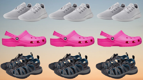 Allbirds trailer runners, Crocs clogs and Keen sandals
