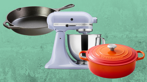 A Lodge cast-iron skillet, a KitchenAid stand mixer and a Le Creuset Dutch oven.