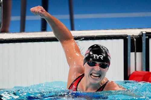 Katie Ledecky celebrates after winning the women's 1500-meter freestyle final at the 2024 Summer Olympics, July 31, 2024, in Nanterre, France.