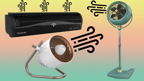 A remote control window fan, the Vornado VFan retro pedestal fan and a personal fan.