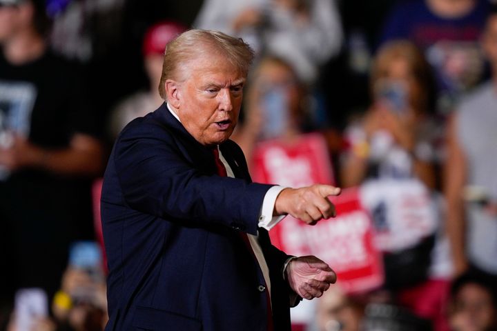 Republican presidential candidate former President Donald Trump gestures during a campaign rally in Harrisburg, Pa., Wednesday, July 31, 2024.