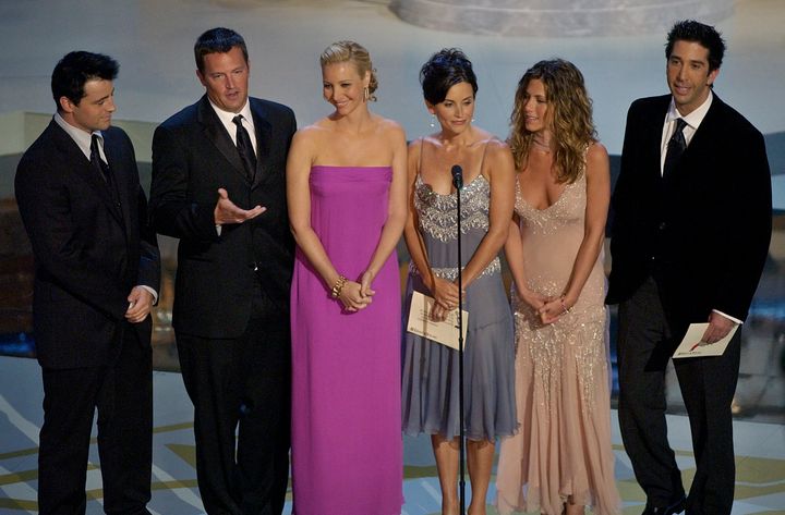 Sept. 22, 2002, file photo of the cast of television's "Friends", from left: Matt LeBlanc, Matthew Perry, Lisa Kudrow, Courteney Cox Arquette, Jennifer Aniston and David Schwimmer appear during the 54th Annual Primetime Emmy Awards.