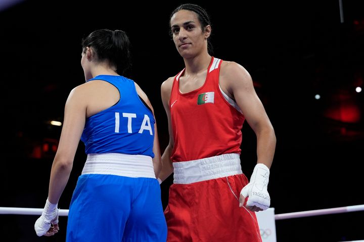 Algeria's Imane Khelif, right, after defeating Italy's Angela Carini, left, in their women's 66kg preliminary boxing match at the 2024 Summer Olympics.