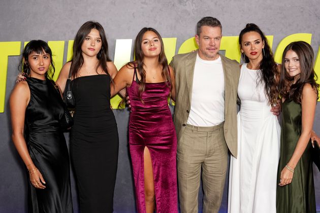 Alexia Barroso, Isabella Damon, Gia Damon, Matt Damon, Luciana Barroso and Stella Damon attend the premiere of 