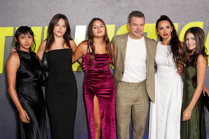 Alexia Barroso, Isabella Damon, Gia Damon, Matt Damon, Luciana Barroso and Stella Damon attend the premiere of "The Instigators" in New York. 