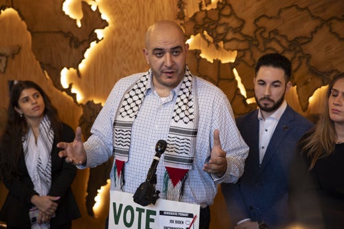 Abbas Alawieh, a spokesperson for Listen to Michigan, which organized "uncommitted" votes in the Democratic primary, speaks at a news conference in Dearborn on Feb. 28, the day after the Michigan presidential primary.