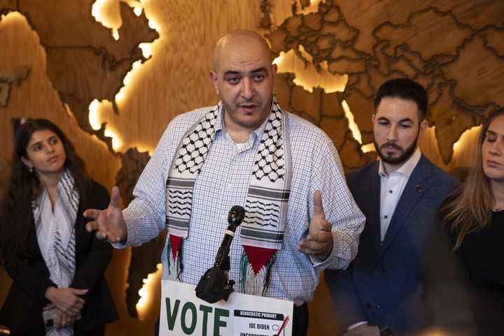 Abbas Alawieh, a spokesperson for Listen to Michigan, which organized "uncommitted" votes in the Democratic primary, speaks at a news conference in Dearborn on Feb. 28, the day after the Michigan presidential primary.