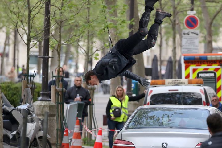 Tom Cruise performs a stunt for for one of his "Mission: Impossible" movies in 2017.