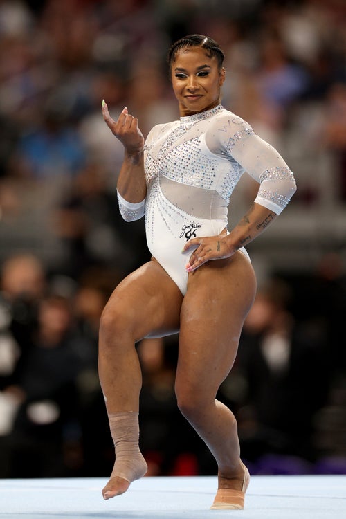 Jordan Chiles competes in the floor exercise during the 2024 Xfinity U.S. Gymnastics Championships at Dickies Arena on June 02, 2024 in Fort Worth, Texas. (Photo by Elsa/Getty Images)