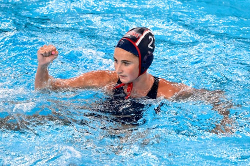 Maddie Musselman celebrates during a water polo women match against Italy. She scored three goals in a 10-3 victory.