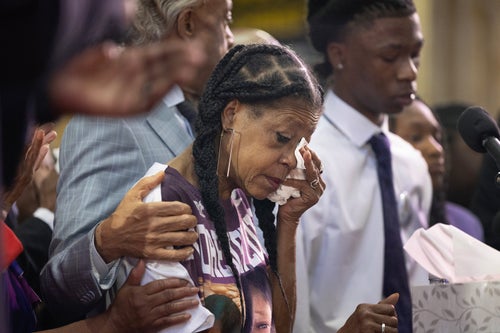 Donna Massey, the mother of shooting victim Sonya Massey, is comforted during a press conference at New Mount Pilgrim Church on July 30, 2024, in Chicago.