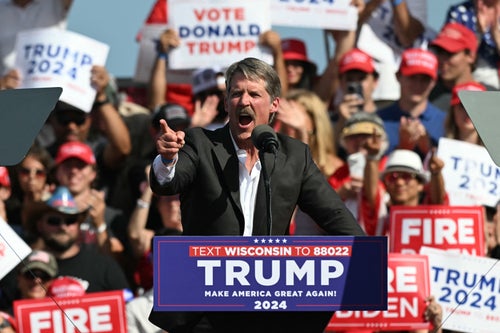 US Republican Senate hopeful Eric Hovde speaks at a campaign event for former President and Republican presidential candidate Donald Trump in Racine, Wisconsin, on June 18, 2024. 