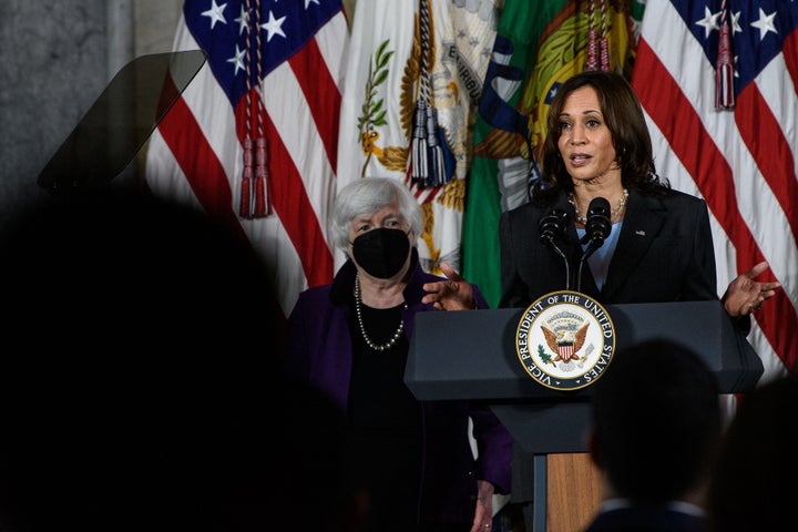 Vice President Kamala Harris speaks about child care as Treasury Secretary Janet Yellen looks on, Sept. 15, 2021.