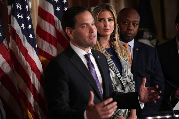 Sen. Marco Rubio (R-Fla.) speaks as Ivanka Trump and Sen. Tim Scott (R-S.C.) listen during a 2017 news conference in which Ivanka Trump joined Republican legislators to discuss a child tax credit.