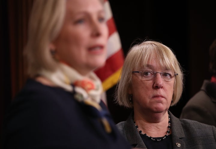 Sen. Patty Murray (D-Wash.) looks on as Sen. Kirsten Gillibrand (D-N.Y.) speaks during a 2017 news conference in which Senate Democrats announced legislation to ensure American workers got paid medical and family leave. 