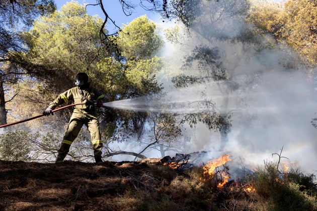 Φωτογραφία αρχείου, Πυρκαγιά σε δασική έκταση την οποία προσπαθεί να οριοθετήσει πυροσβέστης.