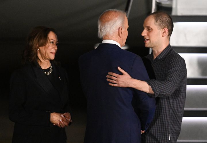 President Biden and Vice President Kamala Harris greet Gershkovich on U.S. soil Thursday.