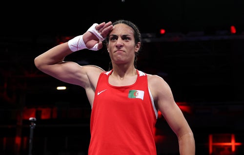 PARIS, FRANCE - AUGUST 03: Imane Khelif of Team Algeria celebrates victory against Anna Luca Hamori of Team Hungary after the Women's 66kg Quarter-final round match on day eight of the Olympic Games Paris 2024 at North Paris Arena on August 03, 2024 in Paris, France. (Photo by Richard Pelham/Getty Images)