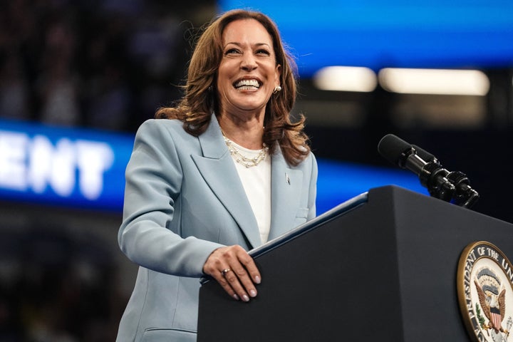 Vice President Kamala Harris photographed at the podium at a campaign rally in Atlanta, Georgia, on July 30, 2024.