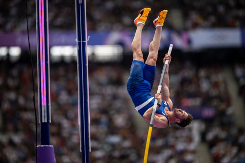 Anthony Ammirati of France competes during the men's pole vault qualification on Saturday.