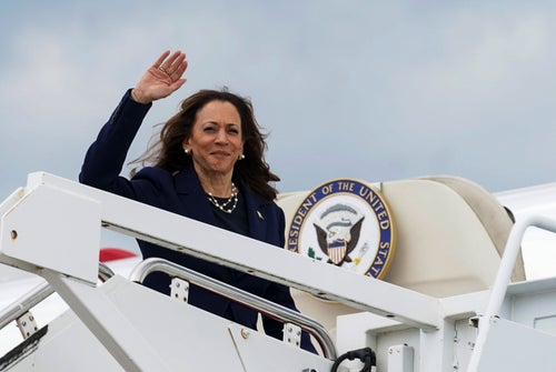 Vice President Kamala Harris waves as she departs Andrews Air Force, Md., Wednesday, July 31, 2024, enroute to Houston. (Kevin Lamarque/Pool via AP)