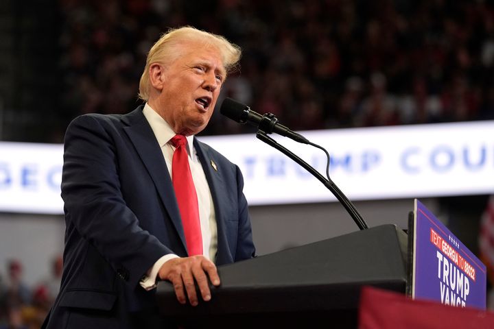 Donald Trump speaks at a campaign rally at Georgia State University in Atlanta, Saturday, Aug. 3, 2024. (AP Photo/John Bazemore)