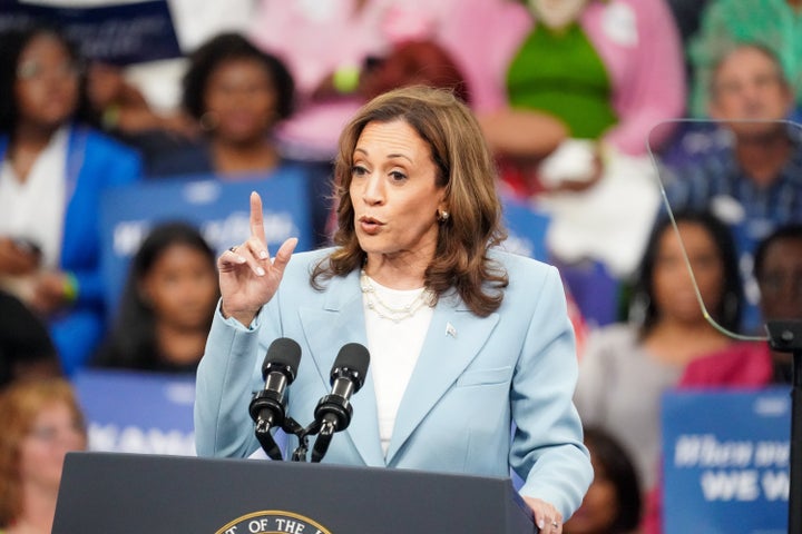 U.S. Vice President Kamala Harris speaks onstage at her campaign rally at the Georgia State Convocation Center on July 30, 2024 in Atlanta, Georgia. (Photo by Julia Beverly/Getty Images)