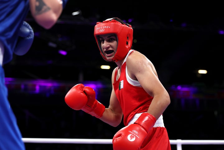 Imane Khelif of Team Algeria looks on against Anna Luca Hamori of Team Hungary during the Women's 66kg quarter-final match.