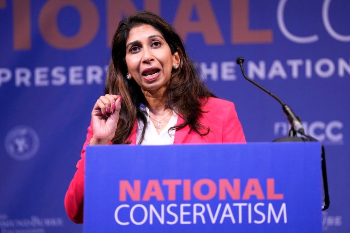 Former British Home Secretary Suella Braverman speaks during the National Conservatism conference in Brussels, Tuesday, April 16, 2024. 