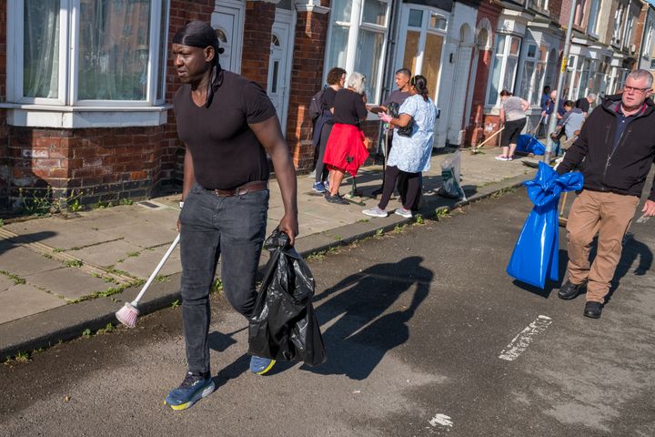 Members of the Middlesbrough community come together to clean up their streets after far-right activists destroyed property following riots on August 05, 2024.