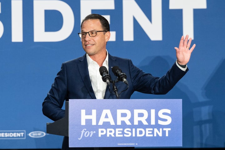 Pennsylvania Gov. Josh Shapiro (D) speaks at a July 29 campaign rally for Vice President Kamala Harris outside of Philadelphia.