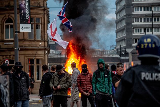 Far-right activists hold an 'Enough is Enough' protest on August 02, 2024 in Sunderland, England. 