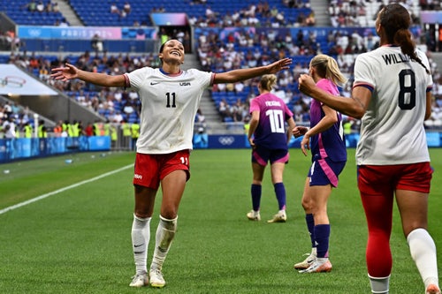 Sophia Smith (11) celebrates with Lynn Williams (8) after the women's semi-final soccer match between USA and Germany during the Paris 2024 Olympic Games.
