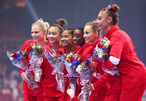 Jade Carey, Sunisa Lee, Jordan Chiles, Biles, Skinner and Grace McCallum at the 2021 U.S. Gymnastics Olympic Trials, June 27, 2021, in St. Louis.