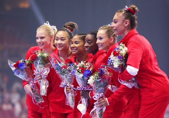 Jade Carey, Sunisa Lee, Jordan Chiles, Biles, Skinner and Grace McCallum at the 2021 U.S. Gymnastics Olympic Trials, June 27, 2021, in St. Louis.