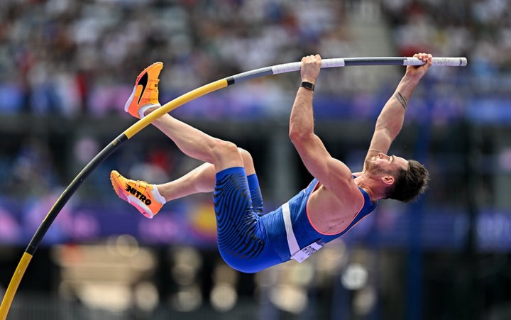 Anthony Ammirati of Team France in action during the men's pole vault qualification round at the Stade de France during the 2024 Paris Summer Olympic Games.